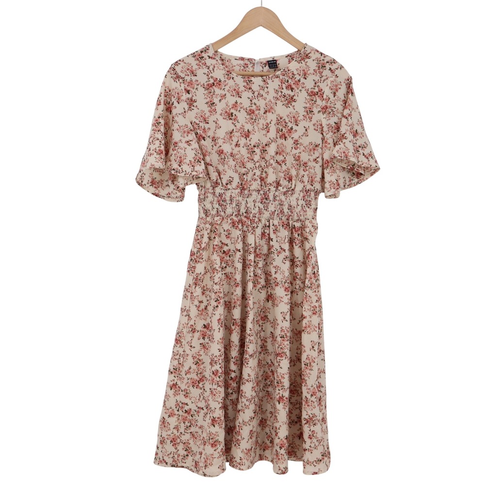 SHEIN Dress Womens Medium Pink Floral Smocked Midi Excellent